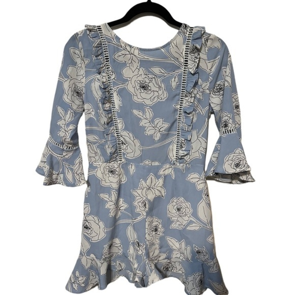 Aqua Blue Floral Romper 3/4 Sleeves Ruffles Size XS